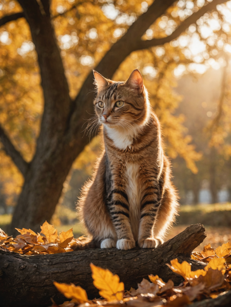 31073400-554464374-photo of a Cat poised gracefully atop an ancient oak tree, autumn leaves fluttering around, golden hour casting long shadows, ba.png